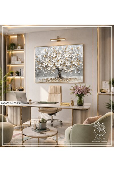 Tablomtr Yaşam Ağacı C- Dijital Baskılı Gold Metal Çerçeveli Gerçek Camlı Tek...