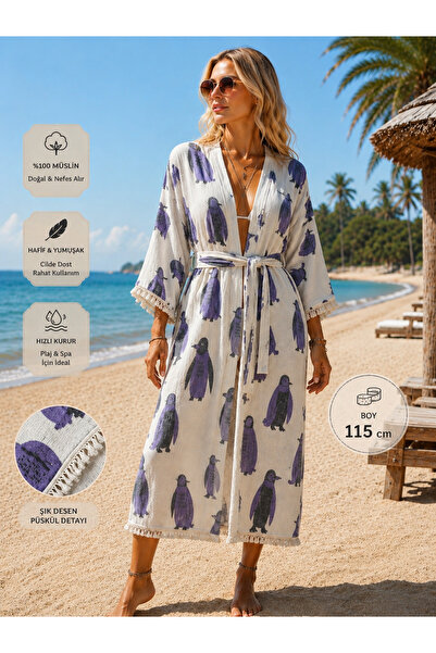 Genel Markalar Müslin Kimono 115 cm Penguen Desenli Kuşaklı Plaj Kimono – Haf...