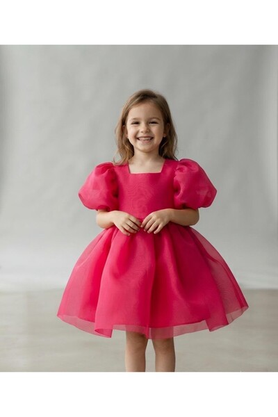penu baby kids Fuchsia Square Collar Balloon Sleeves Caroline Fabric Bow Deta...