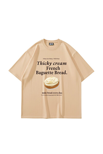 Sekizbiraltı French Baguette Printed Beige Oversize Tshirt