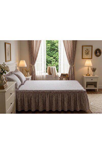 shules collection Vintage Gray Flowered Ruffled Skirted Elastic Sheet Set