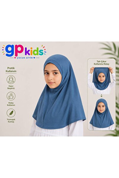 GP Kids Kız Çocuk Pratik Başörtü Penye Hazır Eşarp Mina Model İNDİGO