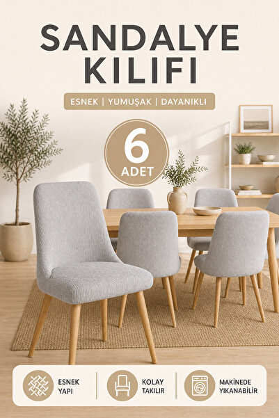 Softlife 6'lı Jakarlı Oval Sandalye Kılıfı - Gri, Likralı Yıkanabilir Sandaly...