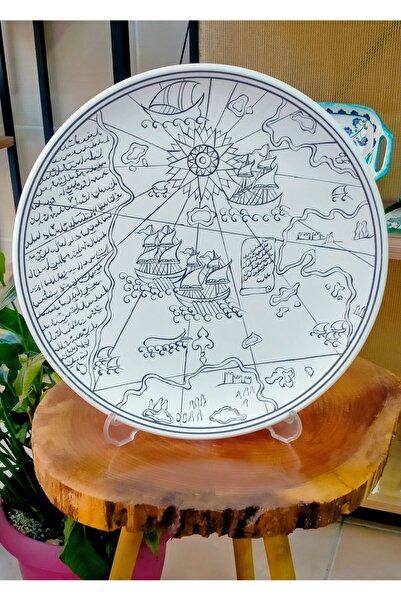 SİRİUS İznik Çini 30 cm çapında el yapımı Piri Reis dünya haritasından bir ke...