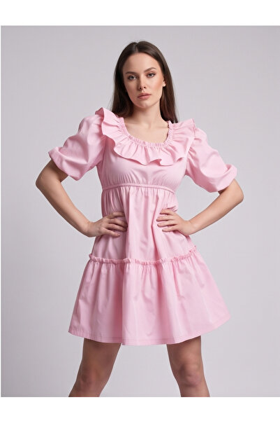 gökçesu Women's Collar Ruffle Detailed Balloon Sleeve Gathered Waist Layered ...