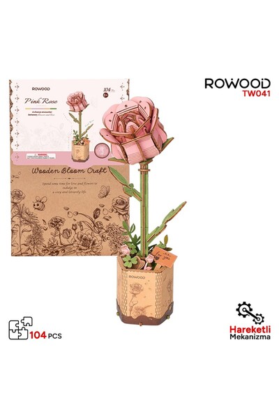 ROWOOD TW041 Pembe Gül (Pink Rose) DIY Minyatür Maket Model Seti Ahşap 3D Woo...