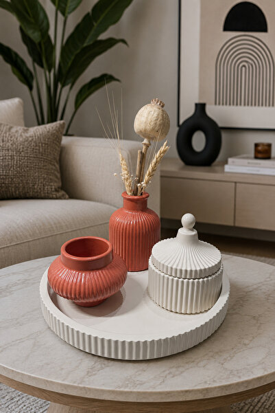 Zigzag Home Decorative Bohemian Style 4-Piece Vase Set Striped Tray Pampas Va...
