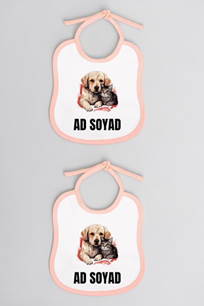 lili hediyelik Cat and Dog Printed 2-Piece Linen Pink Baby Bib - Baby Bib, Ba...