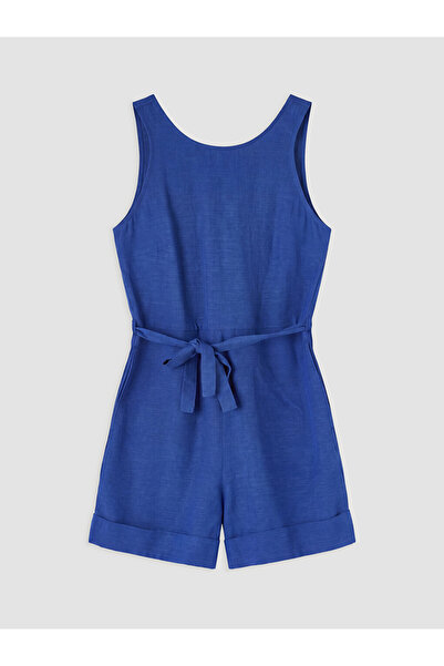 LC Waikiki Lcw Vision Blue Linen Blend Women's Shorts Jumpsuit with Belted Waist