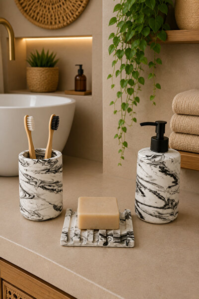 Zigzag Home Dekoratif Mermer Desen Bohem Tarz 3 Parça Banyo Seti Katı Sabunluk Sıvı Sabunluk Diş Fırçalık Takımı Seti