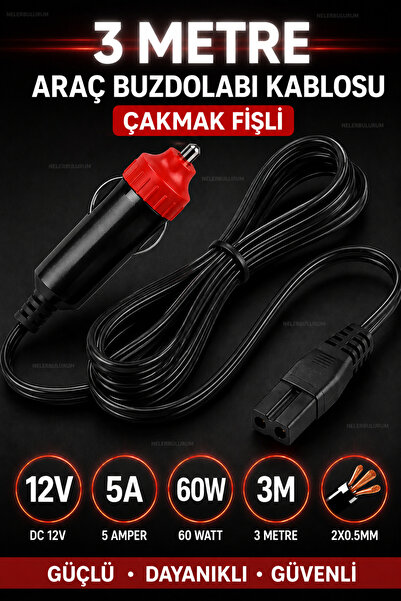 nelerbulurum 3 Metre Araç Buzdolabı Çakmak Fişli Güç Kablosu Oto Çakmak | 12V...