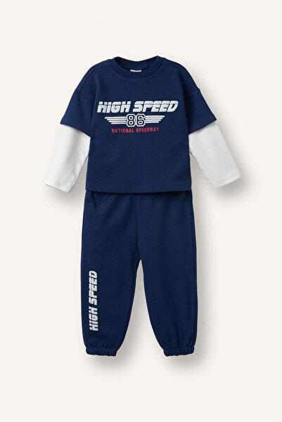 DeFacto Long Sleeve Printed 2-Piece Navy Blue Set for Baby Boy H8830A526Au