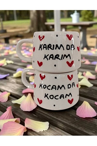 aktas seramik Heart Patterned Hand Drawn Written Ceramic 2-Piece Mug Gift Mug