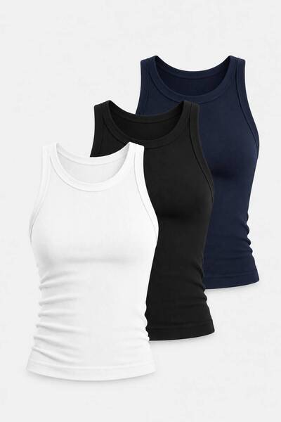 glanour Women's 3-Piece Halter Neck Ribbed Basic Slim Athlete Blouse