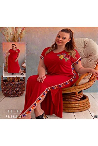 diğer0101 `Large Size Floral Embroidered Tassel Red Long Dress - Freesize
