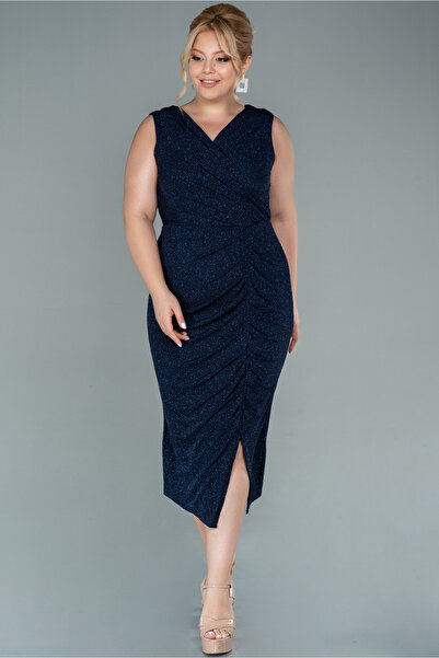 Efelif Double Breasted Collar Sleeveless Midi Silvery Plus Size Evening Dress...