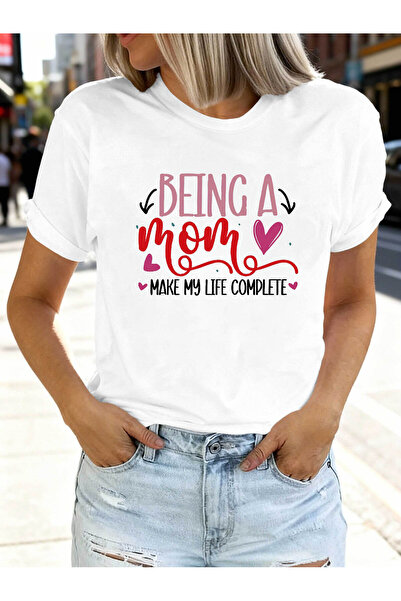 Ekim11 تي شيرت نسائي بطبعة "BEING A MOM MAKE MY LIFE COMPLETE" - بلوزة بأكمام...