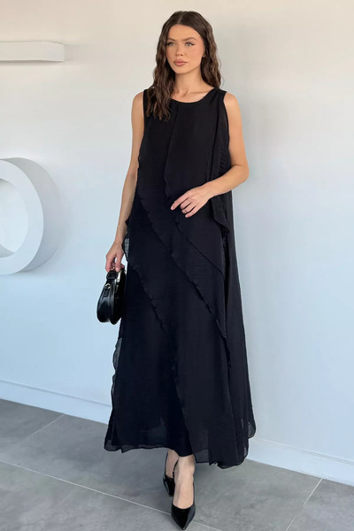 Aryena Black Perry Women's Inner Lined Ruffle Dress