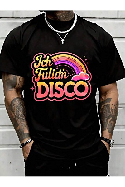 01THEONE تي شيرت Ich Fuliich Disco Rainbow Graphic للرجال باللون الأسود، قميص...