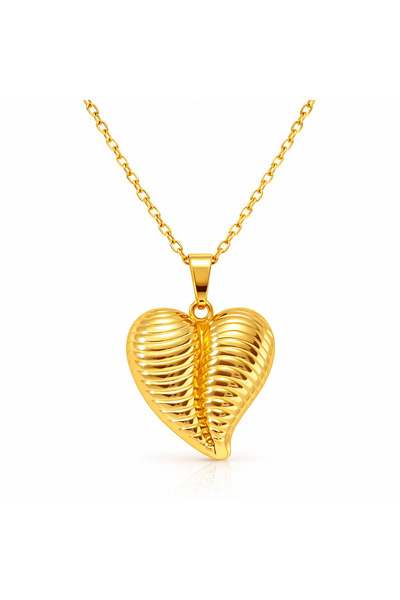 OEM Colier Ribbed Heart auriu, din oțel inoxidabil, cu leaf, placat cu aur 18K