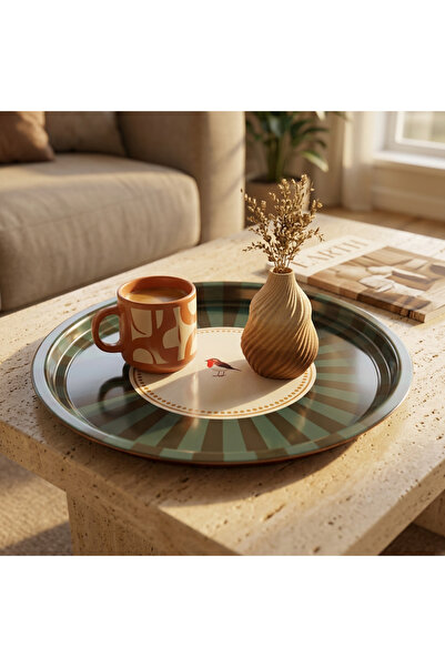 Nour Home Retro Çizgili Yuvarlak Metal Sunum Tepsisi - 35 cm