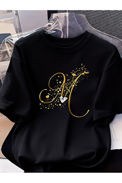 121 Women's Short Sleeve T-Shirt - Letter m Print, Regular Crew Neck, All Sea...