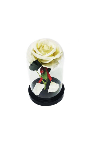 velve Trandafir artificial in cupola de plastic, pe blat negru, alb, 12 x19 c...
