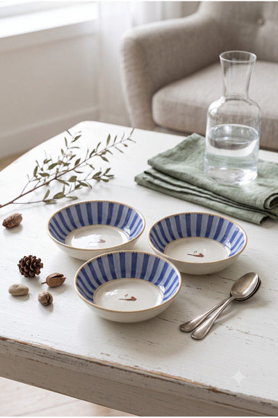 Homerest Blue Striped Patterned Porcelain Snack Bowl, Sauce Bowl, Breakfast S...