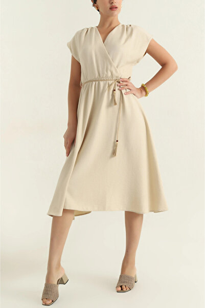 JUSTA Quzu Belt Detailed Mid-Length Dress Beige