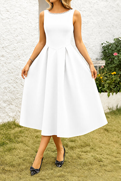 Deafox White Pearl Detailed A-Line Sleeveless Open Back Scuba Fabric Midi Dress