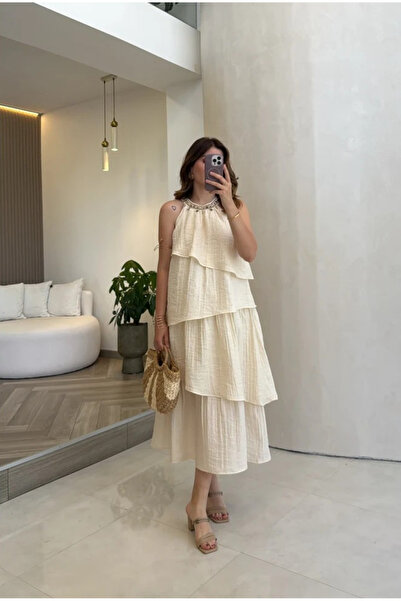 My Blog Cream Collar Embroidery Detailed Dress - 3454