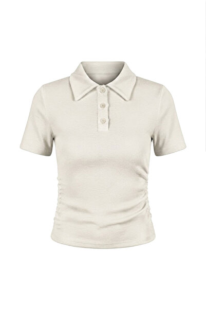 Crep Polo Collar Button Detail Waist Gathered Blouse Ecru