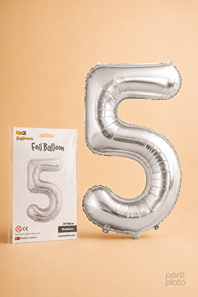He2 Balloons Silver Foil Balloon Number 5, 86 Cm, Helium Compatible Silver Co...