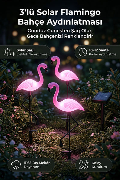 ALFAGİFT 3'lü Solar Flamingo Bahçe Aydınlatması Güneş Enerjili LED Bahçe Lamb...