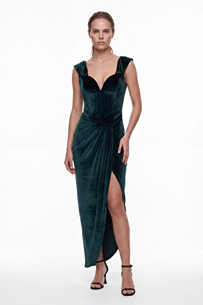 cemo Women's Velvet Heart Collar Long Evening Dress with Slit Detail