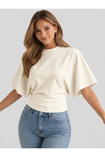 FLEX FASHION Women's Fitted, Wide-Sleeved Top Cream Blouse-T-Shirt
