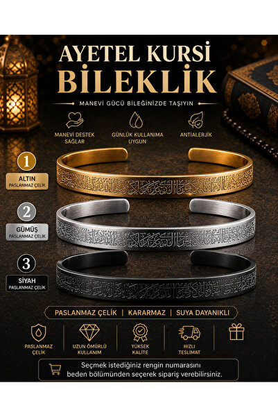 Nutly Accessories Ayetel Kürsi Erkek Çelik Bileklik Gold Gümüş Siyah Renk Pas...