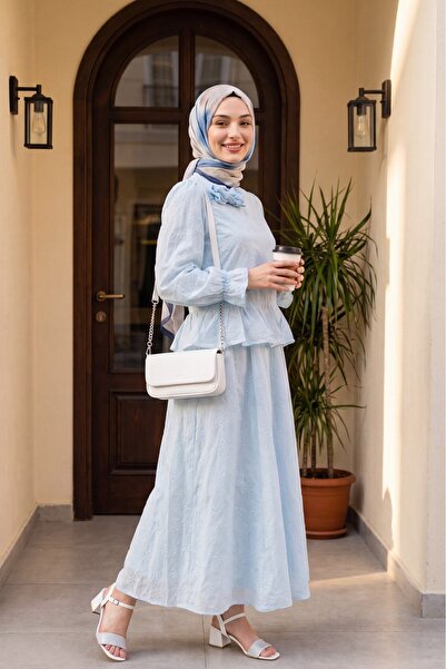 Modamorfo Rose Brooch, Elastic Sleeves, Patterned Lined Skirt, Voile Suit - B...