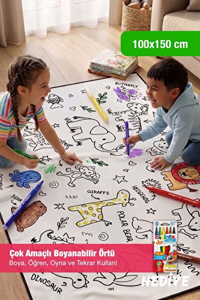 ZUZUNGA Sevimli Hayvanlar Temalı 100X150 CM Boyutlu boyanabilir Çok Amaçlı Ör...