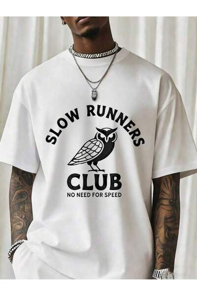 NOURAM Slow Runners Club No Need Speed Owl Graphic T Shirt Men Black Casual S...