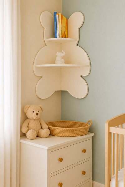 BugyBagy Ahşap Ayıcık Köşe Duvar Rafı 65 cm - Bebek Çocuk Odası Dekoratif Raf