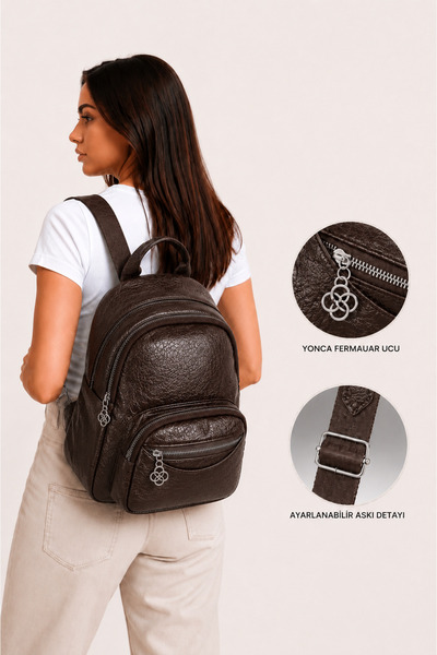 MILANOFOX Women's Brown Functional Multi-Compartment Leather Detailed Column ...