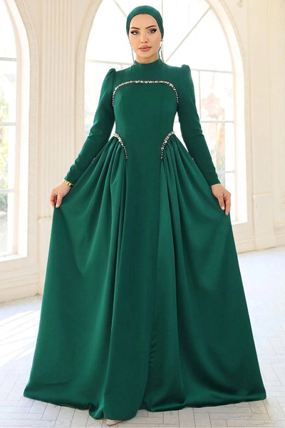 Aysan Moda İnci Detaylı Krep ve Saten Kombinli Kloş Tesettür Abiye Elbise