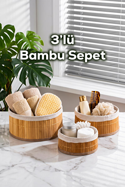 Porsima Pbt-598 3lü Hasır Sepet Kapaklı Yuvarlak Bambu Sepet seti Dekoratif B...