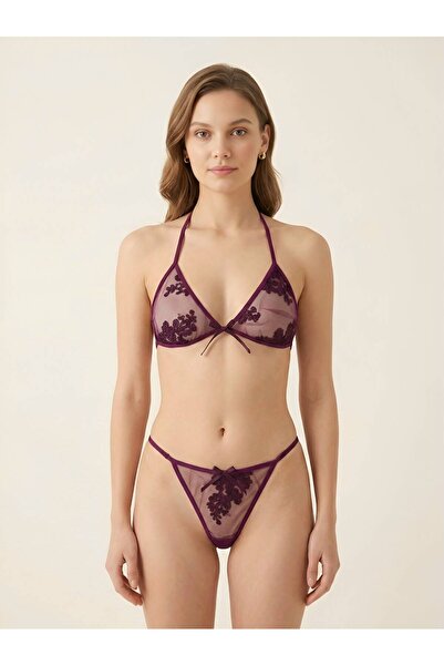 Maly Love Kadın Mor Dantel Bralette Sütyen ve String Külot İç Giyim Takımı Mor Biyeli