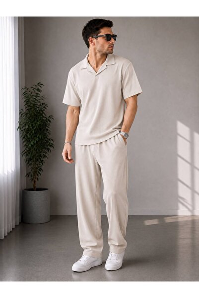 khufu Trend Men's Beige Lycra Ottoman Patched T-Shirt Baggy Bottom Top Set