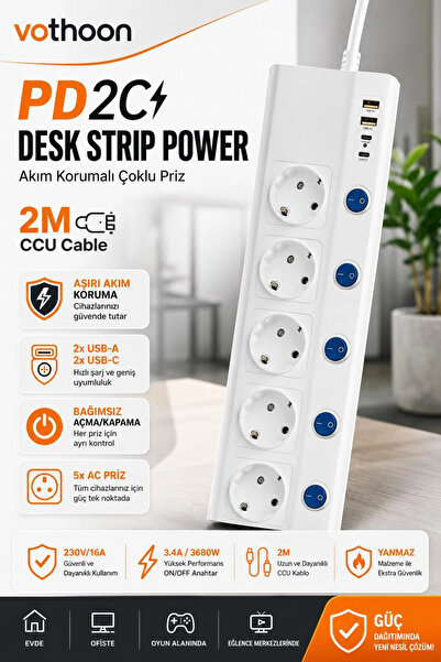 Vothoon 5'li Akım Korumalı Çoklu Priz 2 Metre Kablolu 3680W 16A 5 Anahtarlı 2...