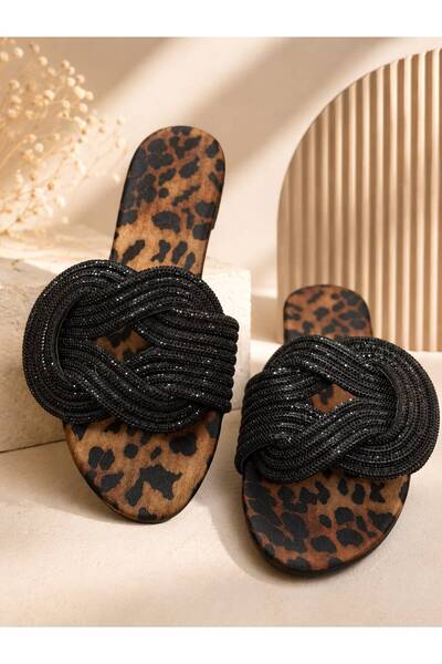 FİORE WOMEN Black Stone Embroidered Women's Slippers with Leopard Fabric Sole...