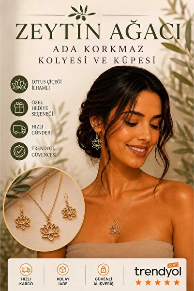 Ümaks Silvers Lotus Çiçeği Çelik Kolye Küpe Seti Gold Renk Kararma Yapmaz