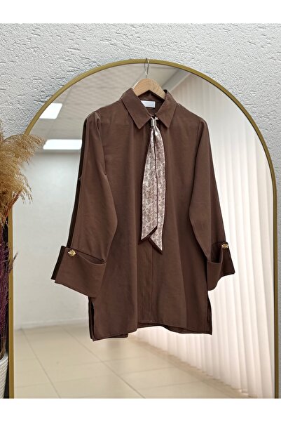 Holehola Adıgül Hidden Placketed Scarf-Cuff Sleeve Tunic-Şa1192 Light Brown